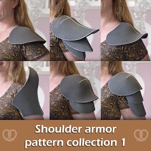 Puede incluir: Una colección de piezas de armadura de hombro grises con varios diseños en capas y bordes blancos. La imagen muestra múltiples configuraciones de las hombreras, incluyendo estilos de una y varias capas, con el texto Shoulder armor pattern collection 1.