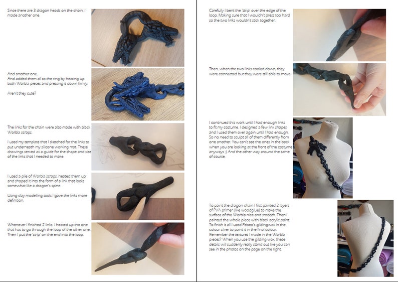 May include: A close-up of a black dragon chain necklace made from Worbla thermoplastic. The chain is made of individual links, each shaped like a dragon's spine. The chain is displayed on a white mannequin.