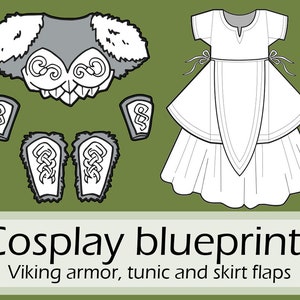 Könnte beinhalten: Eine Schwarzweißillustration eines Wikingerkostüms, bestehend aus Tunika, Rocklappen, Rüstung und Armschienen. Der Text "Cosplay blueprints" und "Viking armor, tunic and skirt flaps" ist im Bild enthalten.