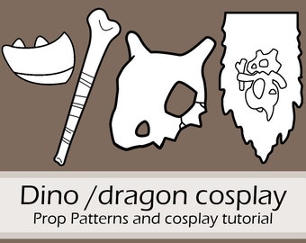 May include: Black and white line art patterns for a dinosaur or dragon cosplay costume. The patterns include a skull, a bone, and a shield with a dragon design.