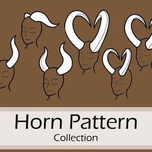 May include: A brown graphic featuring stylized drawings of human heads with various white horn designs. The text "Horn Pattern Collection" is displayed at the bottom in a white banner.