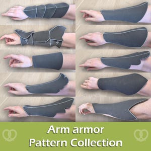 Puede incluir: Una colección de diez patrones de armadura de brazo de espuma gris oscuro mostrados en antebrazos. Cada pieza presenta formas únicas, incluyendo placas segmentadas, puños acampanados y bordes curvos con contornos blancos visibles en los bordes.