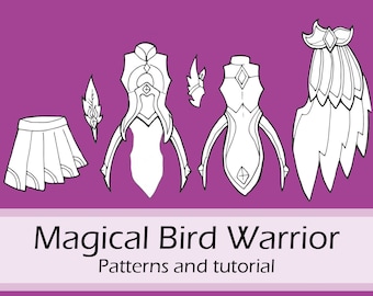 May include: A set of black and white line art patterns for a costume, including a pleated skirt, two bodice pieces, two feather-like accents, and a large wing piece. The text Magical Bird Warrior Patterns and tutorial is printed below.