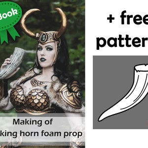May include: A digital guide for making a foam drinking horn prop. The guide includes a free pattern for the prop, which is shown in a line drawing on a gray background. The guide is available as a PDF download.