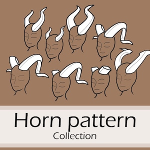 May include: A collection of stylized horn patterns in white, each atop a simple head outline, set against a brown background. The text "Horn pattern Collection" is displayed at the bottom.