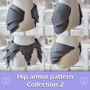 Puede incluir: Un conjunto de piezas de armadura de cadera gris oscuro sobre un maniquí, con placas superpuestas, puntiagudas y escalonadas. El texto "Hip armor pattern Collection 2" aparece impreso en la parte inferior sobre un fondo morado claro.