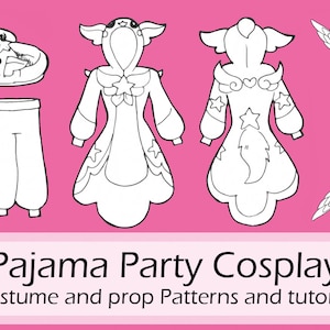 May include: Black and white line art illustration of a pyjama party cosplay costume and prop patterns. The costume includes a hooded robe, trousers, and slippers. The prop is a staff with a star and wings at the top. The text "Pajama Party Cosplay Costume and prop Patterns and tutorial" is at the bottom of the image.