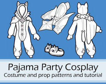 May include: Black and white line art illustration of a cat-themed pajama costume with a hood, a cape, and matching slippers. The illustration includes front and back views of the costume and the slippers. The text "Pajama Party Cosplay" and "Costume and prop patterns and tutorial" are at the bottom of the image.