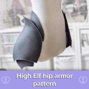 May include: A set of dark grey hip armor pieces featuring layered, curved, petal-like plates. The armor is displayed on a mannequin torso. The text at the bottom of the image reads High Elf hip armor pattern, framed by two pretzel icons.