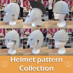 May include: A selection of grey helmet patterns on mannequin heads. The designs include a gladiator style with a black crest and a simple medieval style. The text "Helmet pattern Collection" is displayed on an orange background.