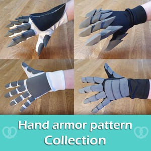 Könnte beinhalten: Vier verschiedene Handpanzermuster werden gezeigt. Die Handschuhe sind in Grau- und Schwarztönen gehalten, wobei einige Designs scharfe, spitze Details aufweisen. Der Text "Hand armor pattern Collection" befindet sich auf einem türkisfarbenen Hintergrund.