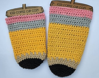 Crocheted Pencil Iced Coffee Cozy, Teacher Gift