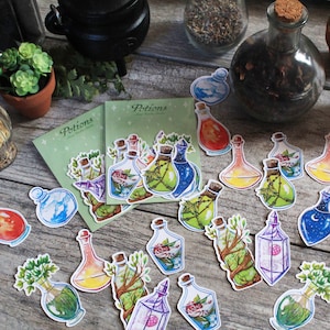 May include: A set of 18 colorful potion bottle stickers with various designs, including a blue bottle with clouds, a green bottle with leaves, and a purple bottle with crystals. The stickers are on a wooden surface with a green background and the text "Potions" on the background.