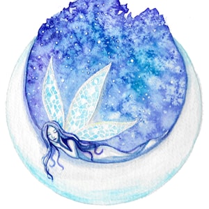 Dreamy Moon Fairy Watercolor Art Print 5x5&quot;