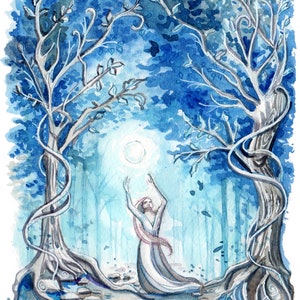 May include: A watercolor painting of a woman in a white dress with her arms raised, standing in a blue forest with two trees on either side of her. The trees have twisting branches and roots. A bright white light shines down from above.