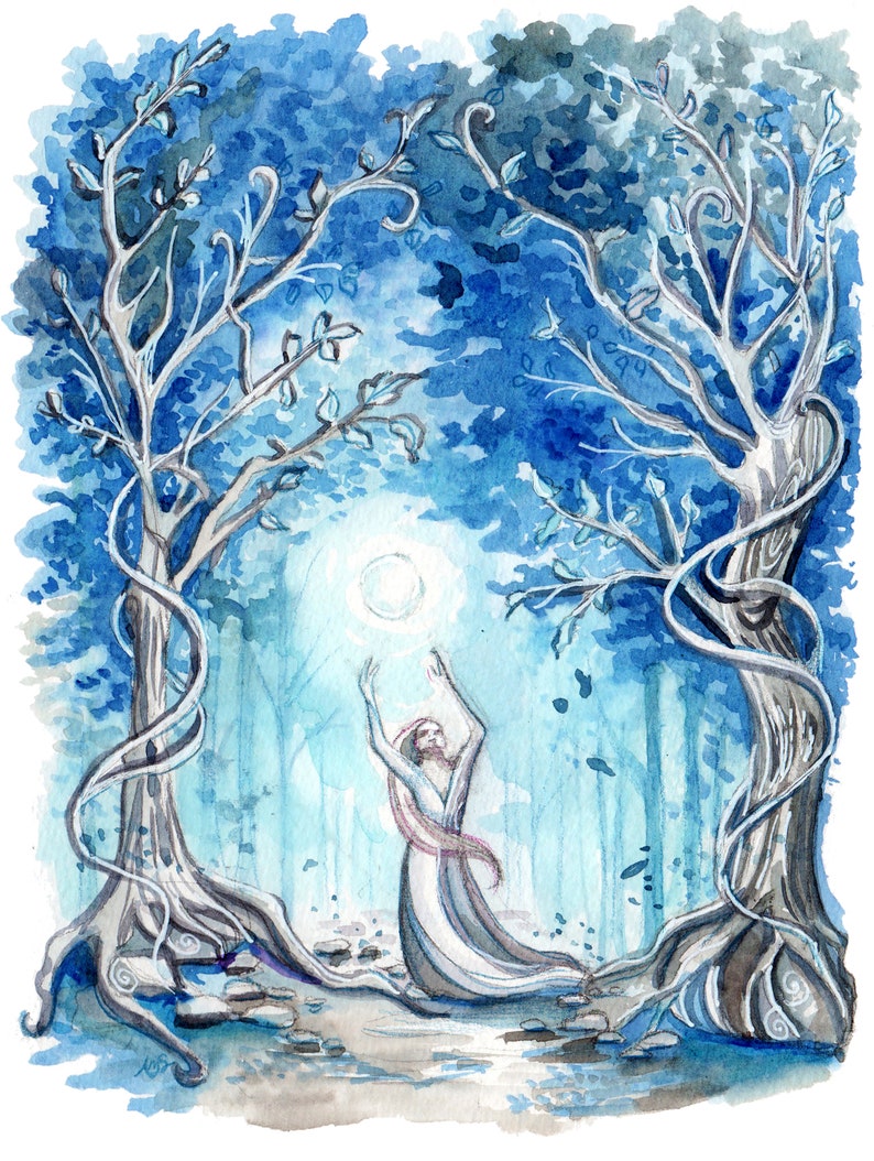 May include: A watercolor painting of a woman in a white dress with her arms raised, standing in a blue forest with two trees on either side of her. The trees have twisting branches and roots. A bright white light shines down from above.