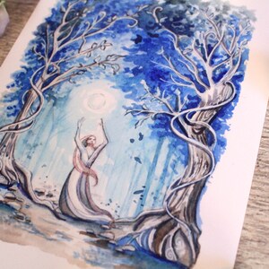 May include: A watercolor painting of a woman standing in a blue forest with her arms raised towards a glowing moon. The trees are entwined with vines and have a whimsical feel.