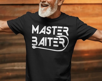 May include: Black t-shirt with the white text "MASTER BAITER" and a fishing hook design. The shirt is a classic crew neck style.