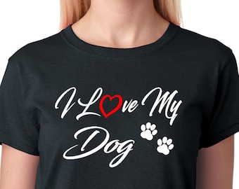Dog Lovers T-Shirt "I Love My Dog", Paw Prints, Red Heart, Pet Lovers, Man's Best Friend, Puppy Love, K9, Canine, Doggie