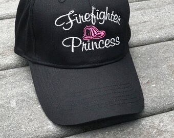 Female Firefighter Hat embroidered with a pink fire helmet and says "Firefighter Princess".