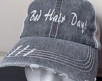 Embroidered "Bad Hair Day" Distressed Gray Beach Hat