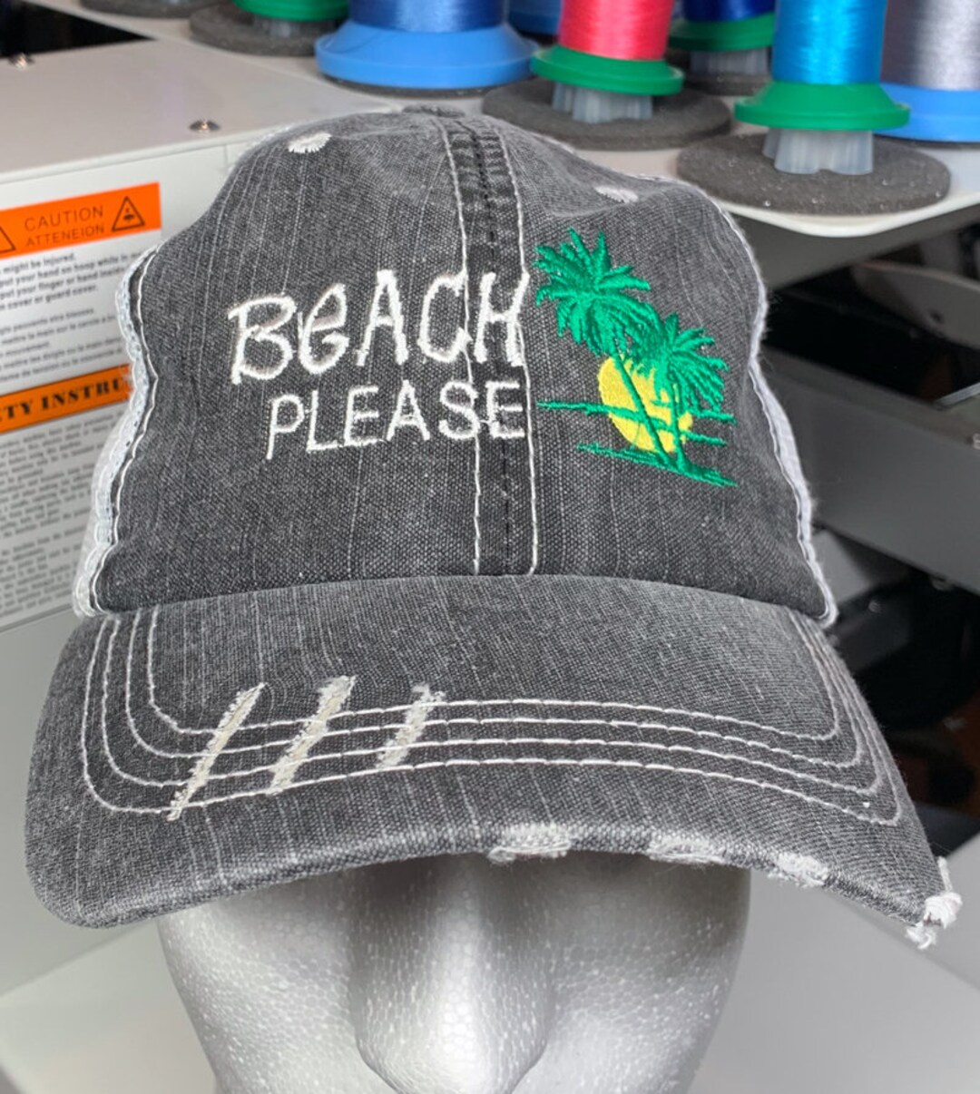 Snap Back Beach Hat Embroidered With beach Please in Gray Distressed  Trucker Style Cap 