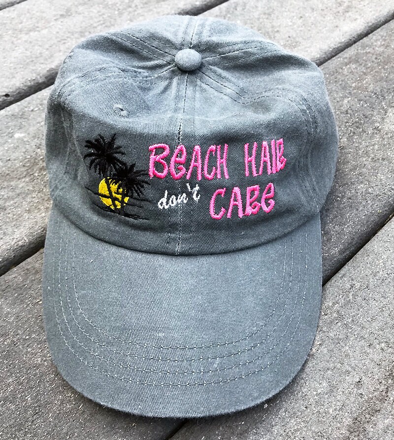 Beach Cap Beach Hair, Don't Care, Casual Embroidered Baseball Hat, Relaxed Gray Unstructured Washed Look, Vacation, Gift Idea