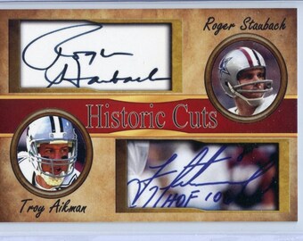 Roger Staubach and Troy Aikman 2019 Historic Cuts Limited Edition Dual Autographed Card. Just released and only 500 printed.