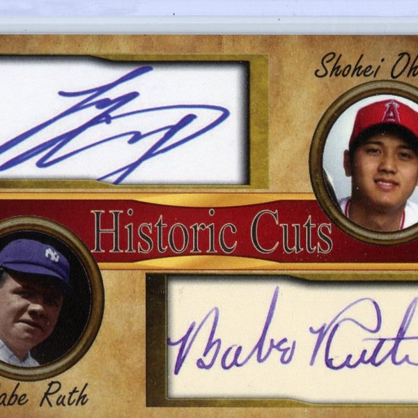 SHOHEI OHTANI with Babe Ruth- 2021 Historic Cuts Limited Edition facsimile signature baseball card.