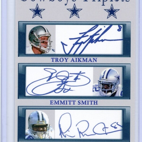 troy aikeman, emmitt smith & michael irvin cowboys triplets facsimile autographed promo card