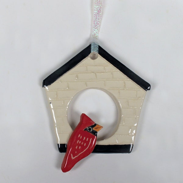 Ceramic birdhouse with cardinal, beautiful, handcrafted, hanging bird ornament, a bit of nature to brighten your home