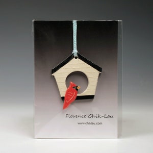 Ceramic birdhouse with cardinal, beautiful, handcrafted, hanging bird ornament, a bit of nature to brighten your home image 2