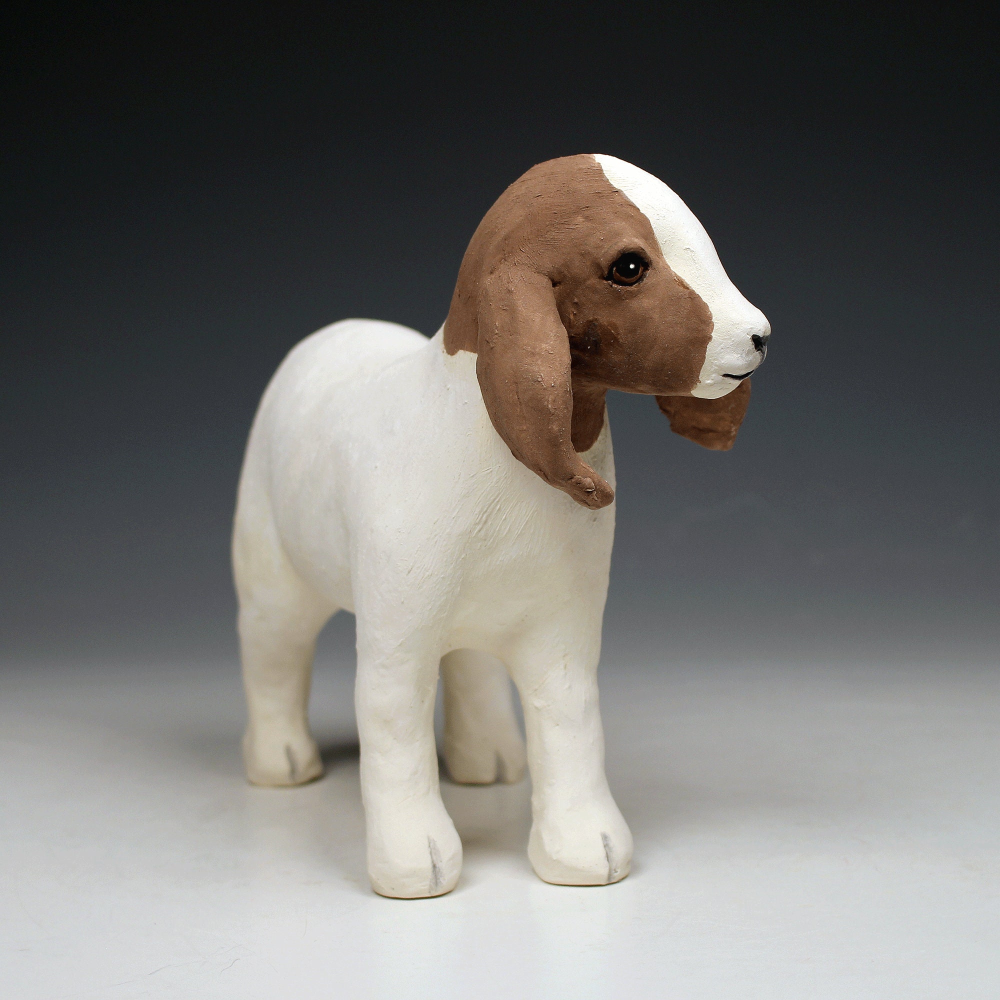 Ceramic Nubian Goat Sculpture, Realistic Brown and White Goat, Ceramic