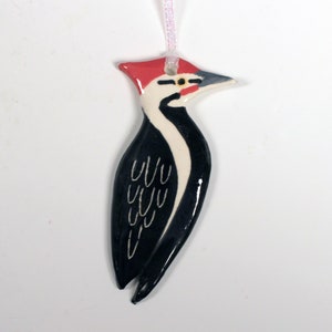 Lively ceramic woodpecker, red, white and black, beautiful, handcrafted, hanging bird ornament, a bit of nature to brighten your home