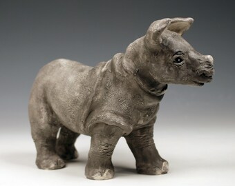 Ceramic standing Rhinoceros, one-of-a-kind, ceramic rhinoceros sculpture