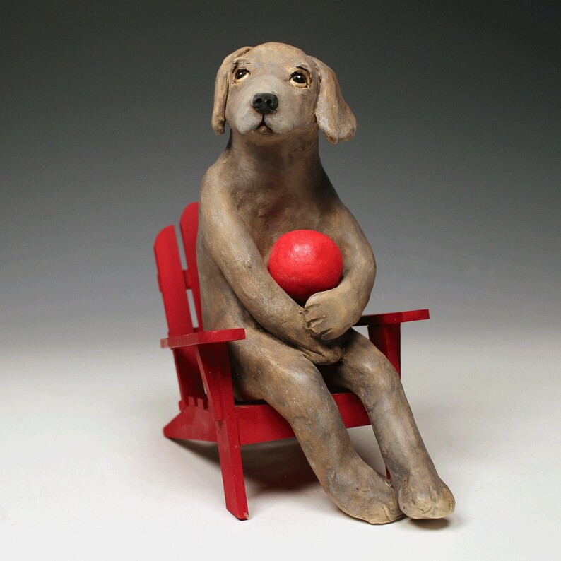 Ceramic Weimaraner with red ball on Adirondack chair one of a kind original animal sculpture for dog lovers