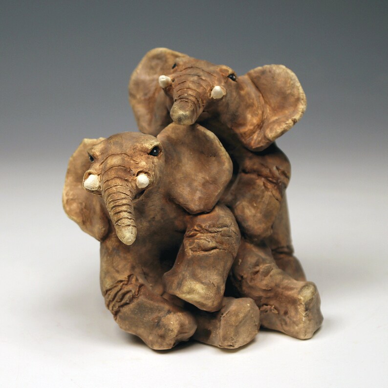 Two Playful Ceramic Elephants Sculpture Intricate Handmade Etsy