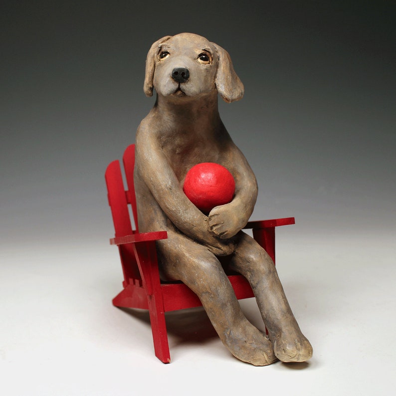 Ceramic Weimaraner with red ball on Adirondack chair one of a kind original animal sculpture for dog lovers