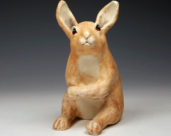 Jackrabbit, tan and white ceramic animal sculpture, heartwarming wildlife art