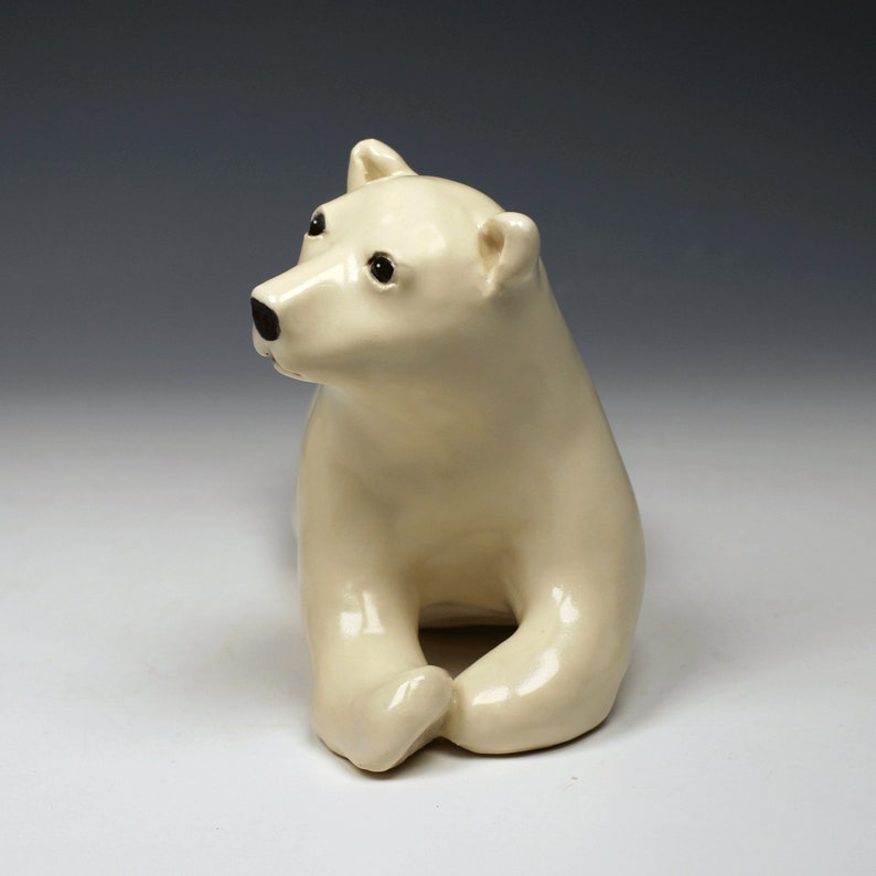 Ceramic polar bear, creamy white, satin crackle glazed, realistic ceramic polar bear sculpture image 8