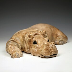 Ceramic hippo, taupe, tan and brown ceramic resting hippo sculpture, one-of-a-kind, ceramic animal sculpture