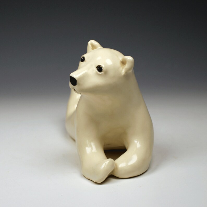 Ceramic polar bear, creamy white, satin crackle glazed, realistic ceramic polar bear sculpture image 2
