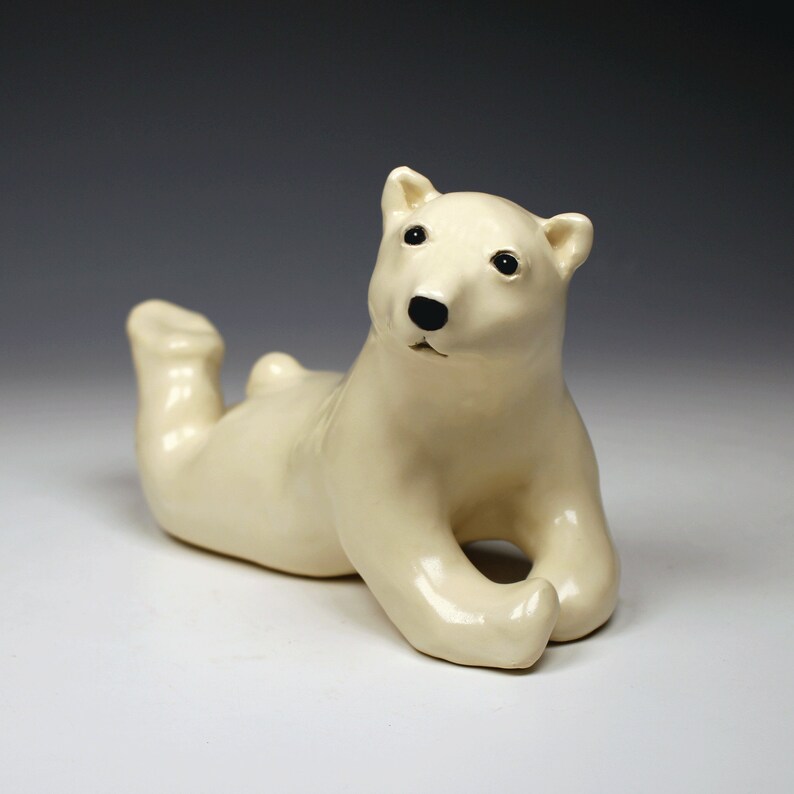 Ceramic polar bear, creamy white, satin crackle glazed, realistic ceramic polar bear sculpture image 3