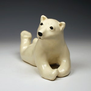 Ceramic polar bear, creamy white, satin crackle glazed, realistic ceramic polar bear sculpture image 9