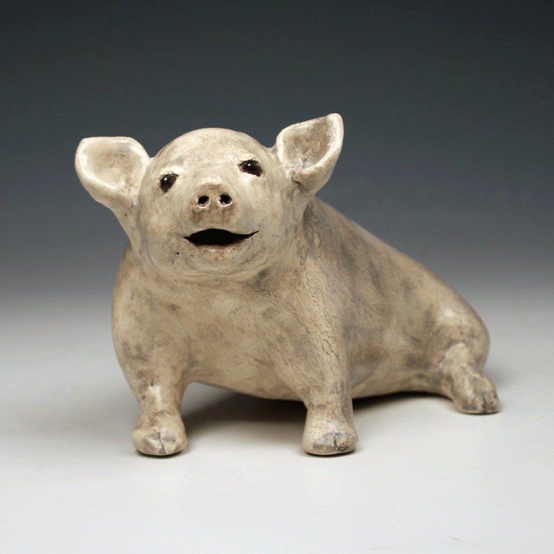 Ceramic Happy Pig Sculpture Taupe Colored Pig Barnyard Etsy