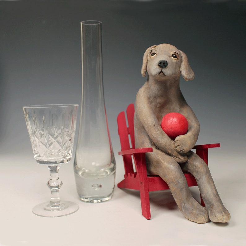 Ceramic Weimaraner with red ball on Adirondack chair one of a kind original animal sculpture for dog lovers