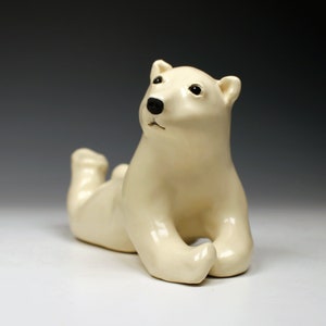 Ceramic polar bear, creamy white, satin crackle glazed, realistic ceramic polar bear sculpture image 1