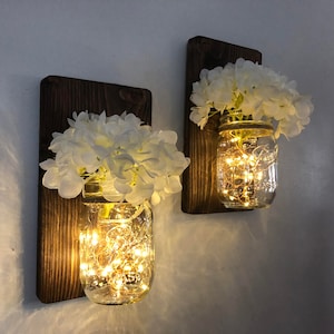 Mason Jar Wall Sconce | Mason Jar Wall Decor | Mason Jar Decor | Hanging Sconce With LED Fairy Lights | Farmhouse Decor |  Choose your Stain