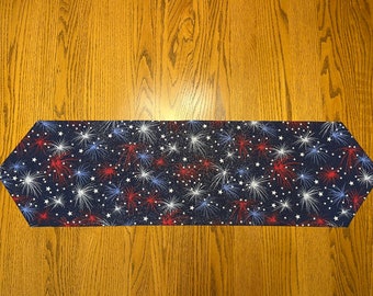 America - Fireworks - Red White Blue - USA - Patriotic - Table Decoration - Long Table Runner - Reversible - Fast Shipping!