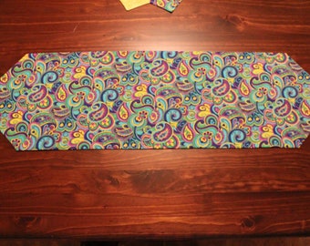 Paisley - Swirls - Teal - Yellow - Long Table Runner - Reversible - Fast Shipping!